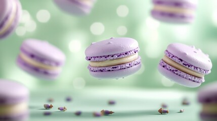 Obraz premium Delicious Purple Macarons with Cream Filling on Soft Green Background