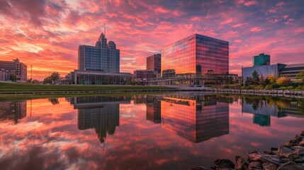 Fototapeta premium The city skyline sunset reflected off the glass buildings