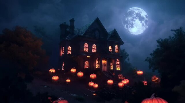 Spooky house with Halloween decorations, glowing pumpkins, eerie lights