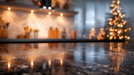Cozy Kitchen Counter with Sparkling Surface and Glowing Christmas Lights in a Festive Atmosphere