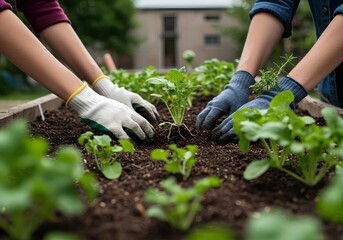 Fototapeta premium Hands Planting Seedlings in a Raised Garden Bed