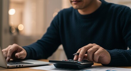 Man meticulously analyzes financial data using calculator and laptop with bokeh background