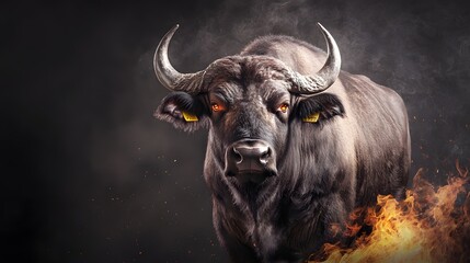 Naklejka premium Powerful Black Bull Surrounded by Fiery Flames and Smoke Creating an Intense Atmosphere