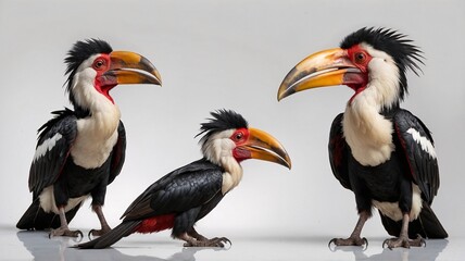 Obraz premium Three vibrant hornbills showcasing unique features and expressions against a neutral background.