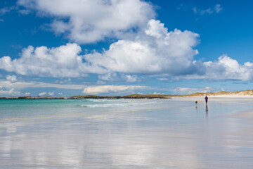 Woman walking her dog on Triagh Thodrasdail beach, known as The Maze,  Isle of Tiree, Inner Hebrides, Scotland
