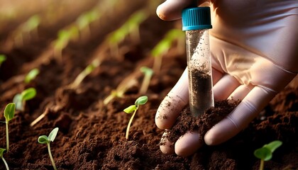 Person takes soil sample near small seedlings for soil test. Examining carbon sequestration, plant health with modern technology. Testing soil ph level with tube, nutrient content, texture. Sustainabl
