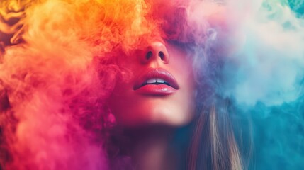 A womans face partially obscured by colorful smoke clouds