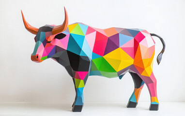 Colorful geometric cow sculpture in vibrant design and style.