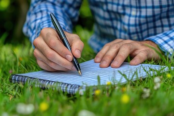Man writing in a notebook outdoors