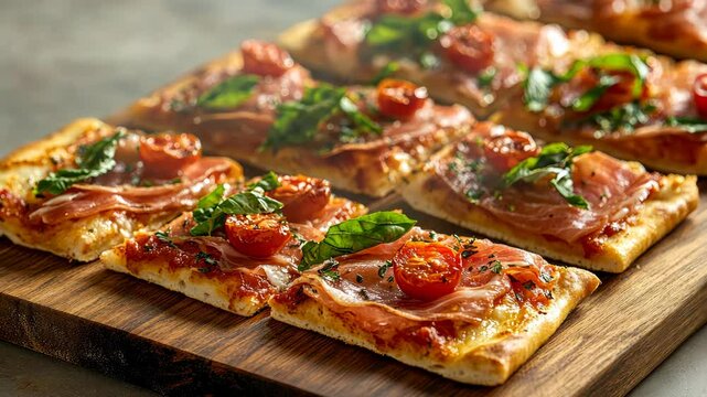 Gourmet Italian flatbread pizza appetizers on wood board.