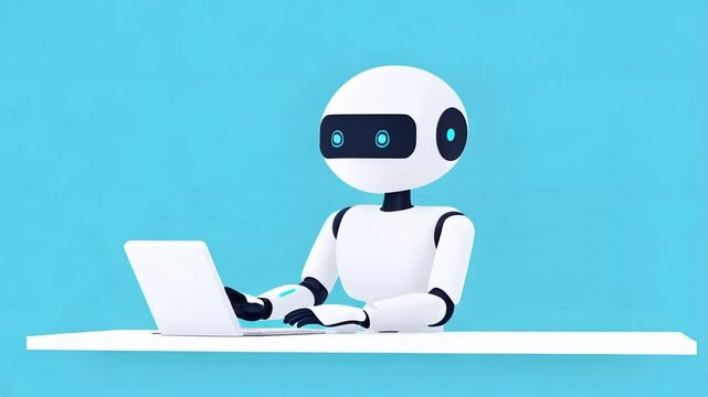 Ai robot sitting at a laptop in the office and conversing with a client. Flat design style animation.  Chut bot.