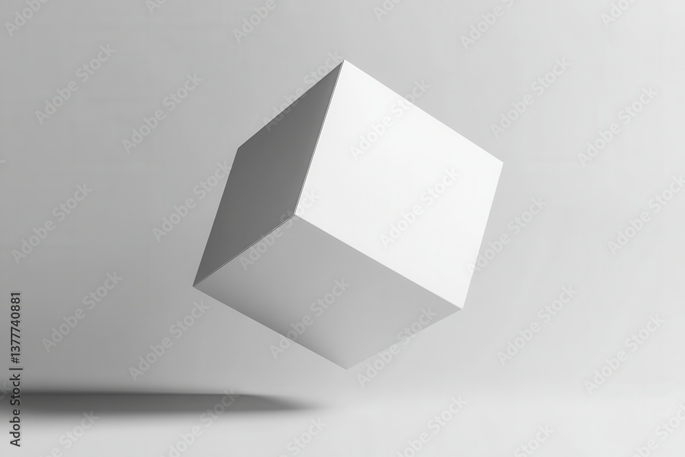 Poster Floating white cube in minimalistic studio setting with soft shadows on gray background