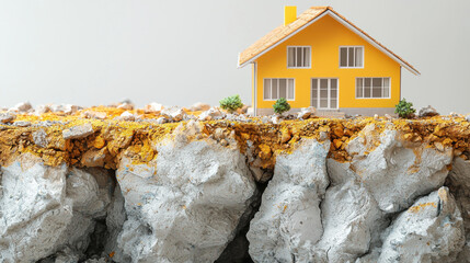 Fototapeta na wymiar model house sits precariously on edge of cliff, showcasing impact of geological instability. scene evokes sense of vulnerability and consequences of natural disasters
