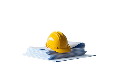 A construction helmet resting on a stack of blueprints, symbolizing architectural planning