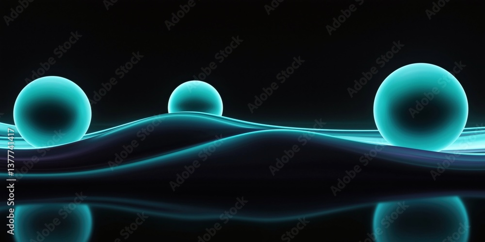 Wall mural minimalist neon landscape with three floating blue light orbs over curved lines and smooth reflectiv