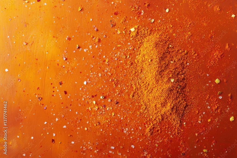 Poster colorful spices spread over a bright orange surface showcasing a variety of textures and colors in c
