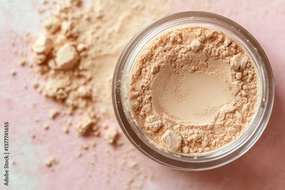 Poster close-up view of loose powder in a clear container on a pink surface with some powder spilled around