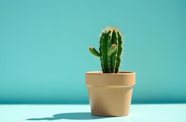 a pot with a cactus, on the background of a blue wall and a copy room, home decor