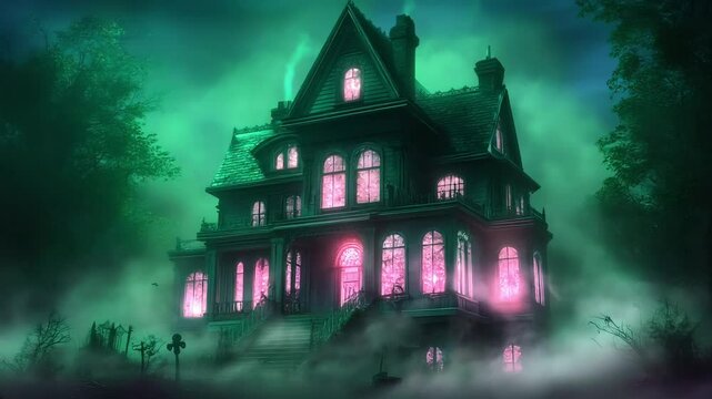 Spooky house with Halloween decorations, glowing pumpkins, eerie lights