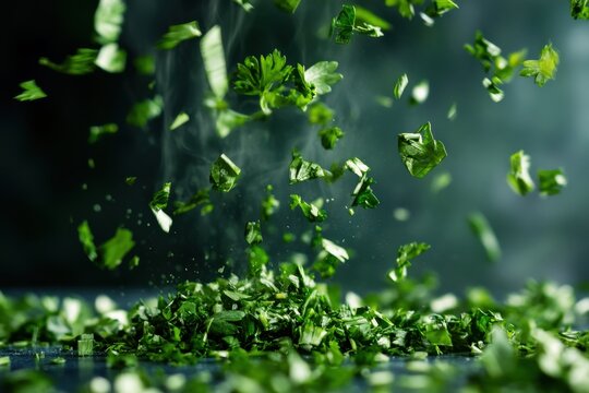 Chopped fresh herbs scatter in the air above a dark kitchen countertop during a culinary preparation session