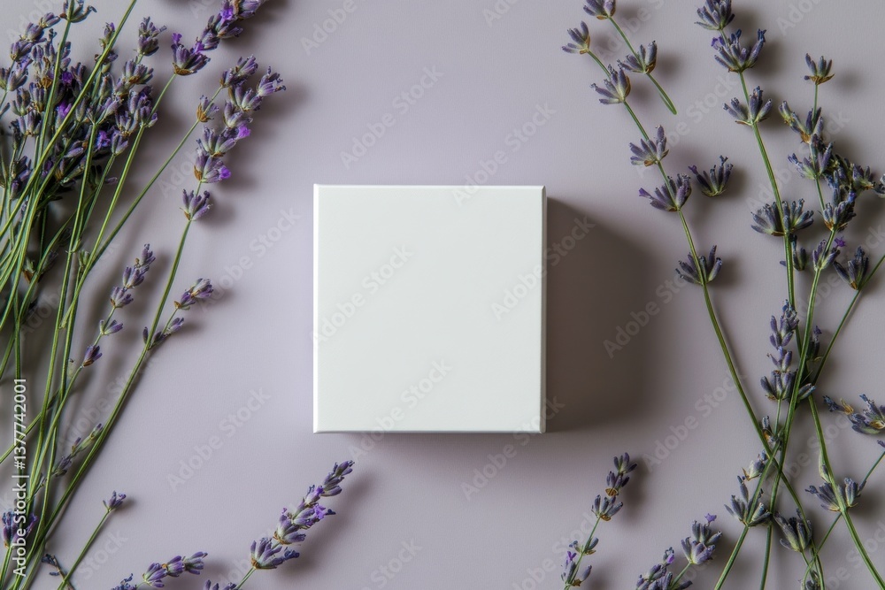 Poster lavender flowers surround a blank white box on a soft gray background in a simple and elegant arrang