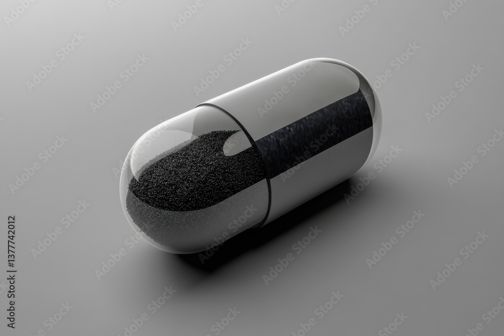 Poster large black capsule filled with dark substance resting on smooth surface, showcasing intricate detai