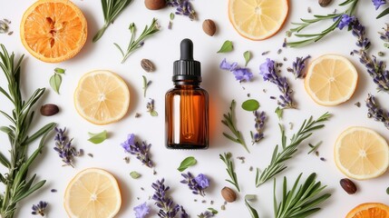 Essential oil bottle surrounded by fresh herbs and citrus fruits on white background