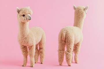 Upscale plush alpaca toy posing against a pastel pink backdrop in a creative studio setting