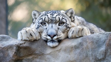 Fototapeta premium Majestic Snow Leopard Resting on Rocky Mountain Ledge in Nature