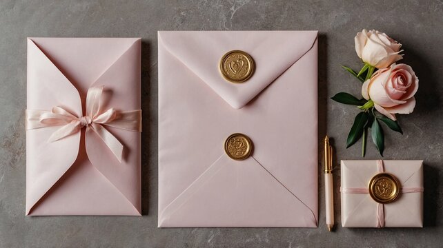 Elegant pink stationery set with wax seals, a pen, and fresh roses, perfect for special occasions.