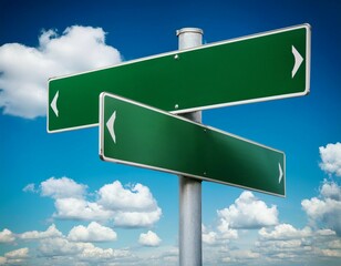 Blank green road signs direction signs against a blue sky and clouds