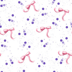 Seamless pattern with pink bows and purple watercolor splashes. Watercolor style, delicate. Suitable for invitations, poster design, wedding decorations and arrangements