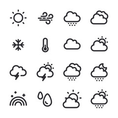 A set of weather icons including rain, snow, and sun