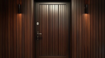 Fototapeta premium A wooden door with sidelights and paneled walls is presented