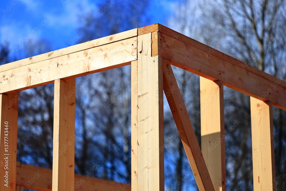 Poster a wooden structure with a blue sky in the background, suitable for use as a backdrop or decoration.