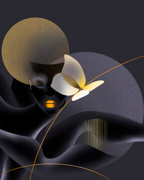 Abstract illustration of a woman with a butterfly and gold accents