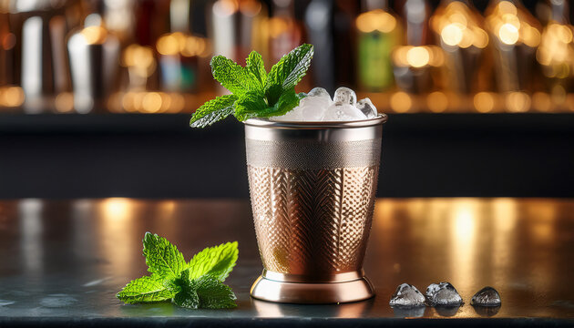 A classic mint julep in a frosty silver cup, garnished with fresh mint leaves, sitting on a polished bar counter