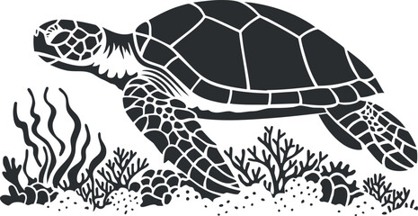 Black and white silhouette of a sea turtle swimming over coral reef illustration.