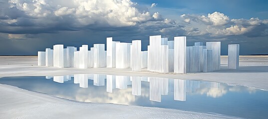 A surreal mirage reflecting an impossible cityscape in the middle of an endless desert