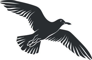 Obraz premium Silhouette of a seagull in flight with wings spread against a white background.