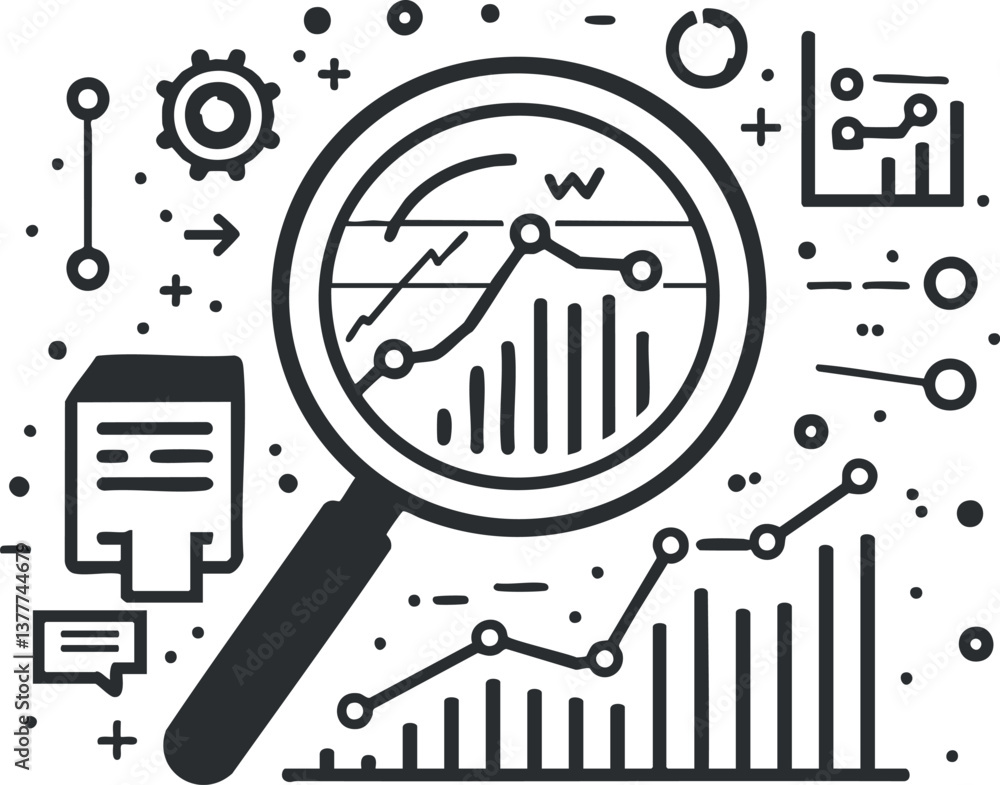 Poster black and white illustration of data analysis with graphs and magnifying glass for business insights