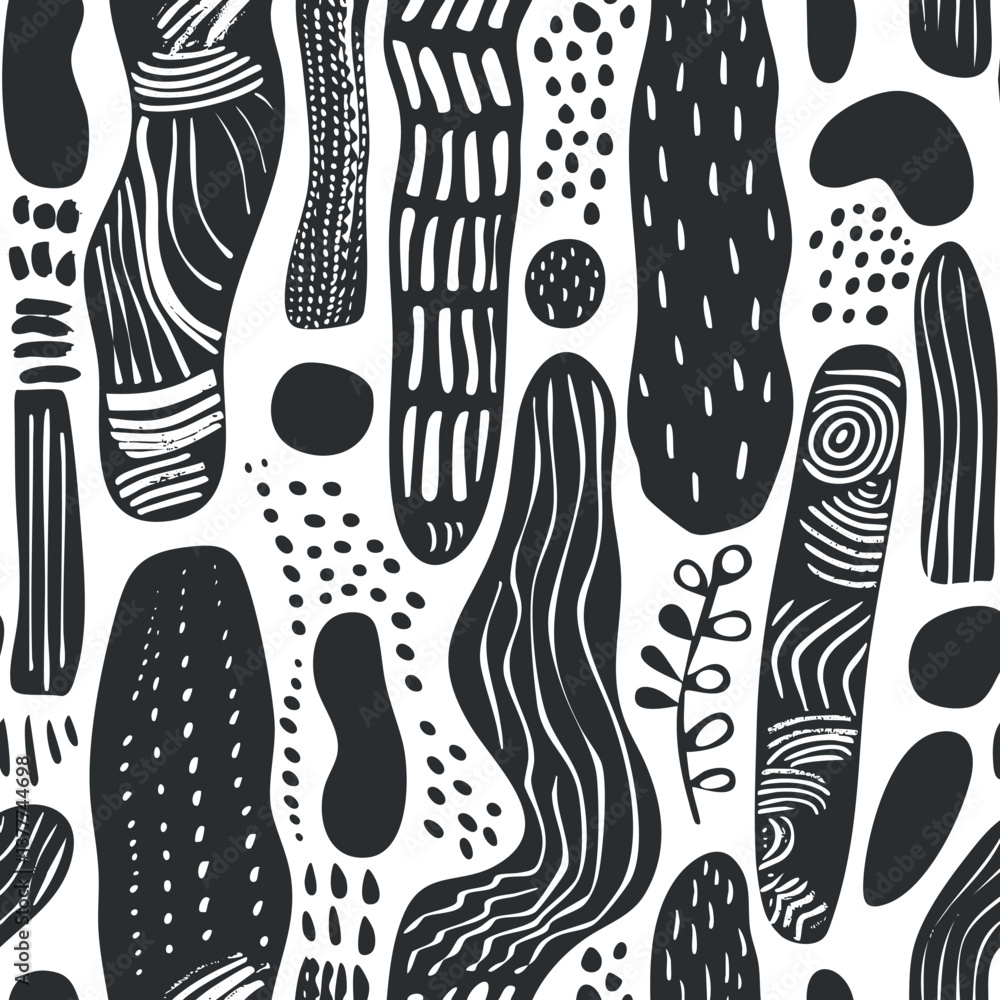 Poster black and white abstract pattern with various geometric shapes and textures, creating a modern desig