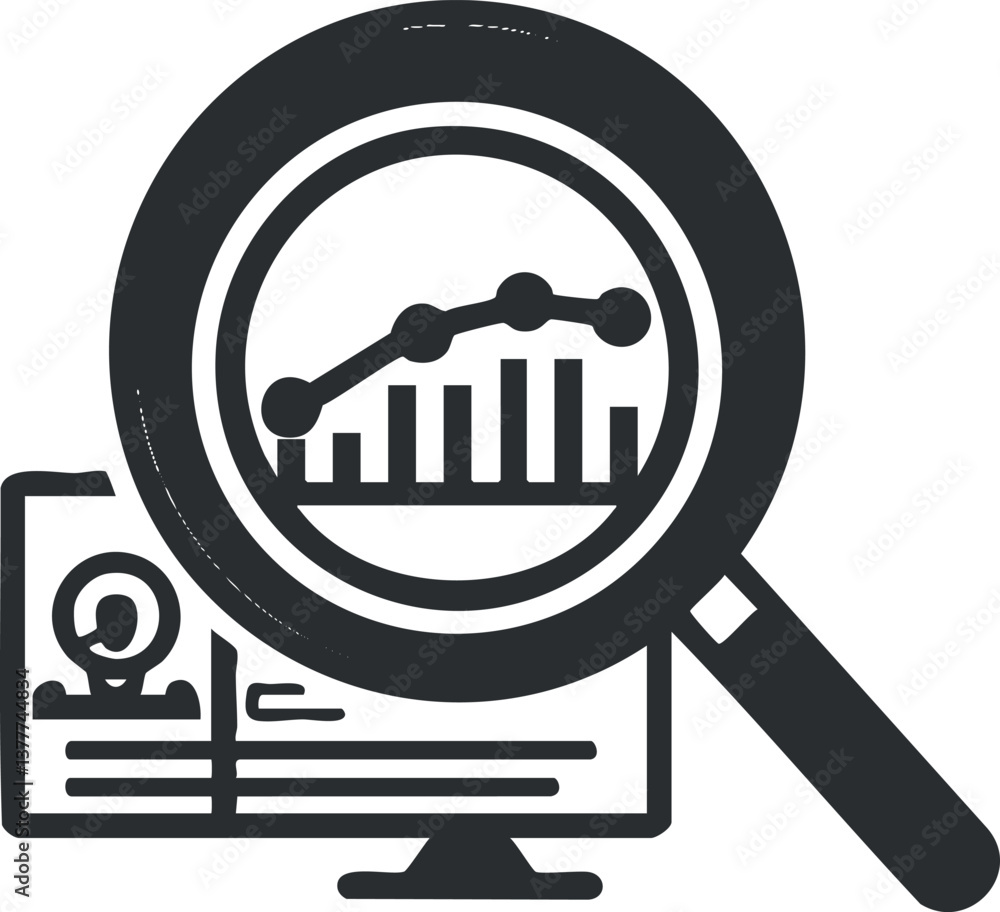 Poster black and white illustration of a magnifying glass over a computer screen with analytics graph.
