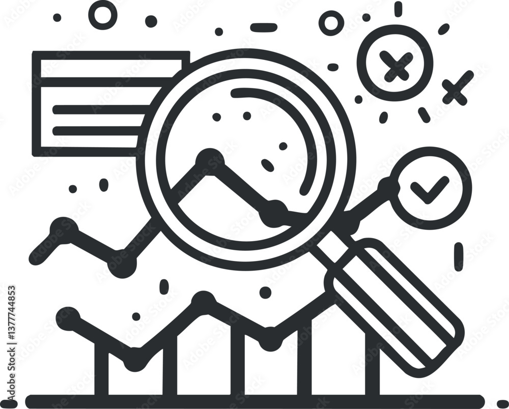 Poster black and white illustration of data analysis with magnifying glass over a chart and graph.