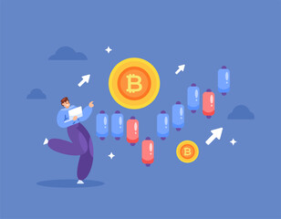 bitcoin and trading concept. bitcoin price is increasing rapidly and profitable. crypto currency. illustration of a trader monitoring bitcoin price movement. flat style design. elements