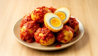 Indonesian-style telur balado with spicy red sambal on a plate