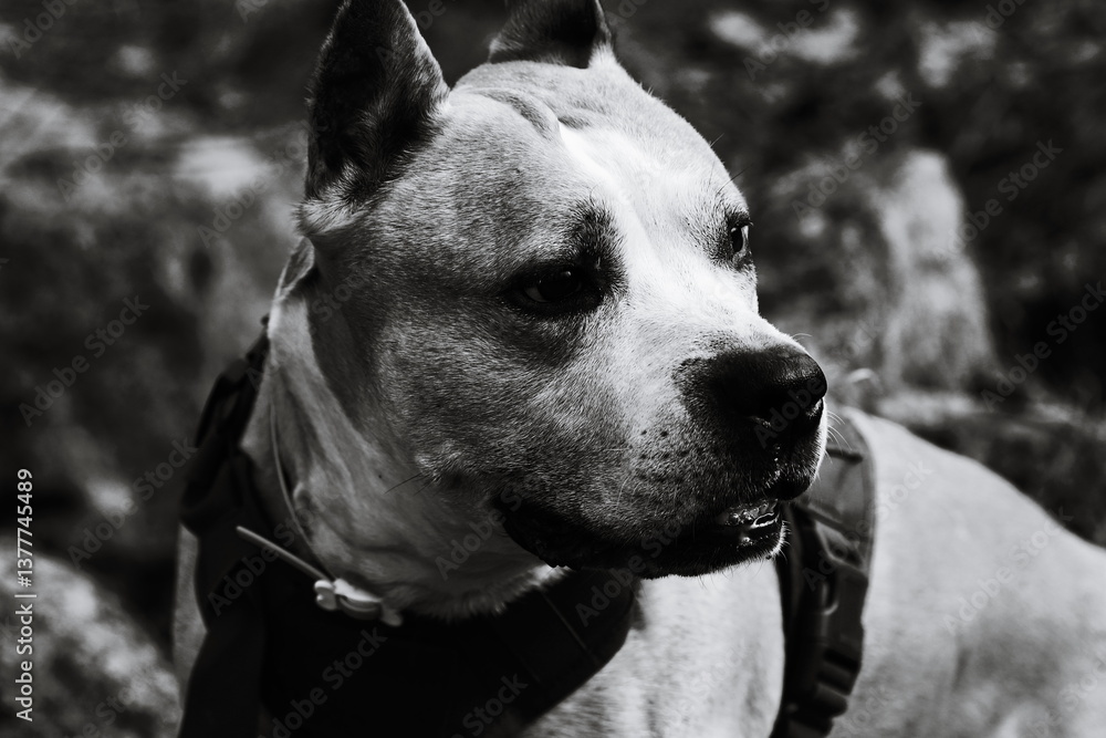 Poster close-up shot of a dog wearing a harness, suitable for use in pet-related articles or advertisements