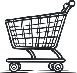 Black and white outline illustration of a shopping cart with four wheels and handle.