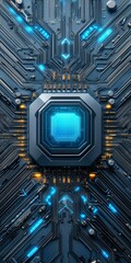 Fototapeta premium Futuristic Circuitry Illustration With Luminous CPU, Microchips, and Blue Neon Tech Background