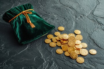 A green velvet pouch lies next to a scattered pile of shiny gold coins on a textured black surface.